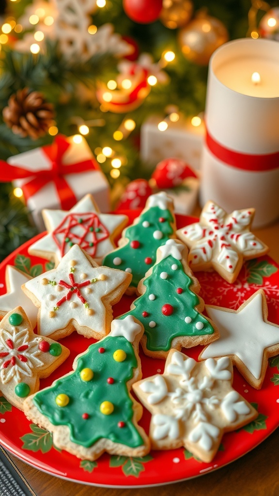 Decorated Christmas sugar cookies in festive shapes on a holiday-themed plate.